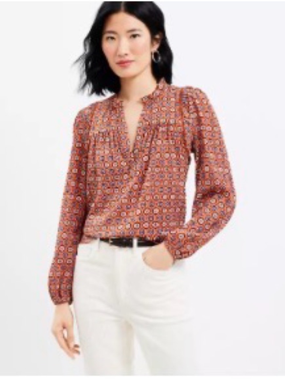 LOFT Petite Medallion Cutout Long-Sleeve Blouse in Burnt Copper - XXSP